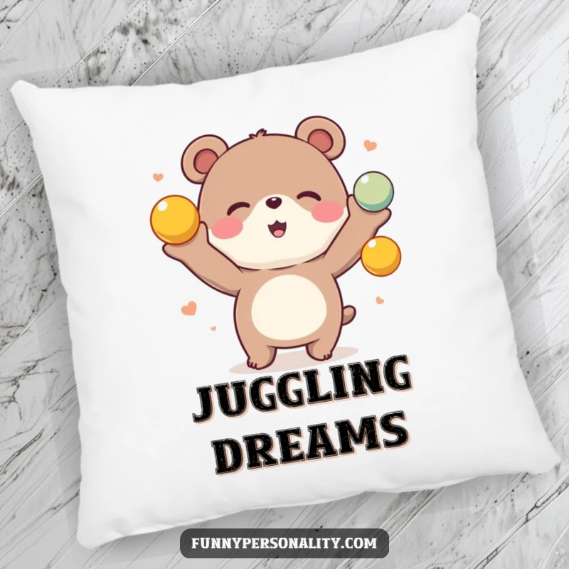 Funny Bear Pillow: A soft, decorative pillow showcasing a cheerful bear in the act of juggling colorful balls. A fun addition.