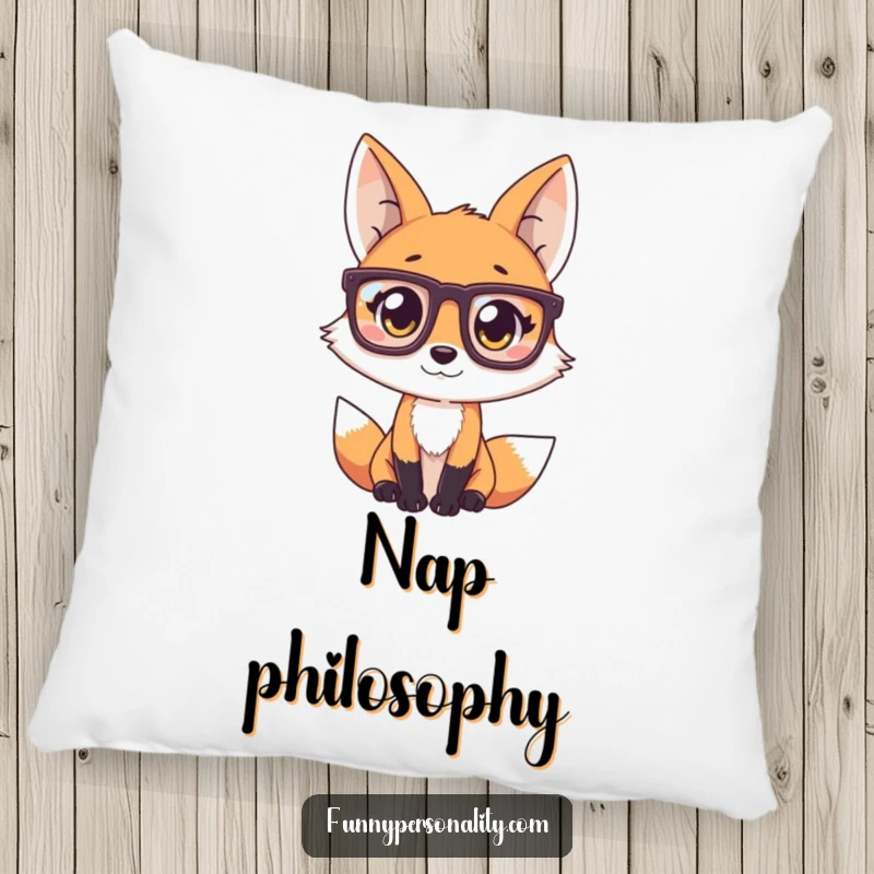 Funny Fox Pillow: A soft, decorative pillow featuring a playful fox wearing large spectacles, adding a touch of whimsy and comfort.