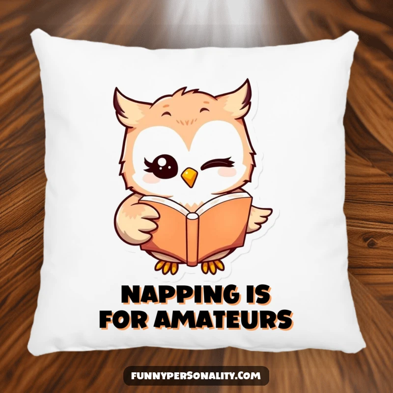 Funny winking owl character reading a book, depicted on a plush pillow, ideal for cozy reading sessions and a funny gift.