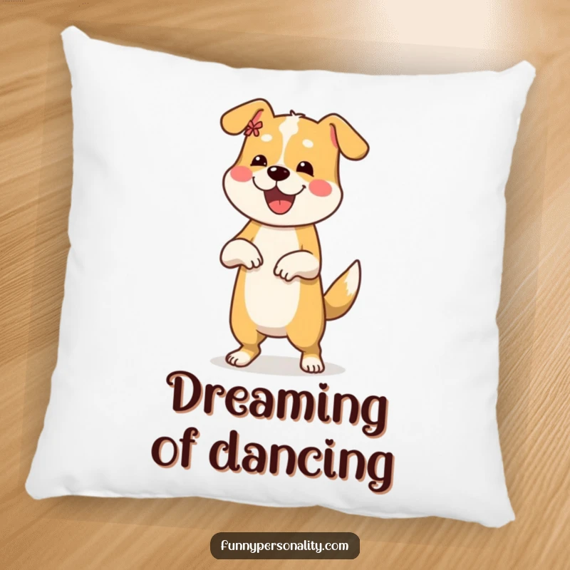 Funny pillow showcases a cheerful dog doing a silly dance, adding comfort and a touch of lightheartedness.