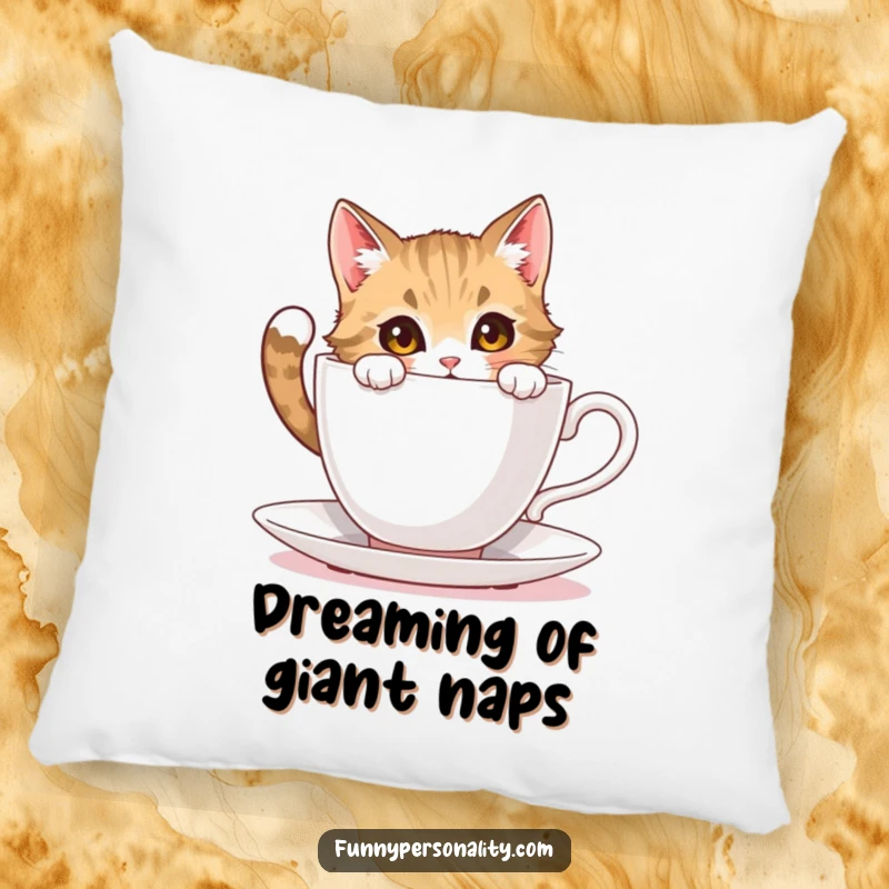 Funny cat pillow: a soft cushion featuring a curious cat character peering into an impossibly large teacup, ready for relaxation.