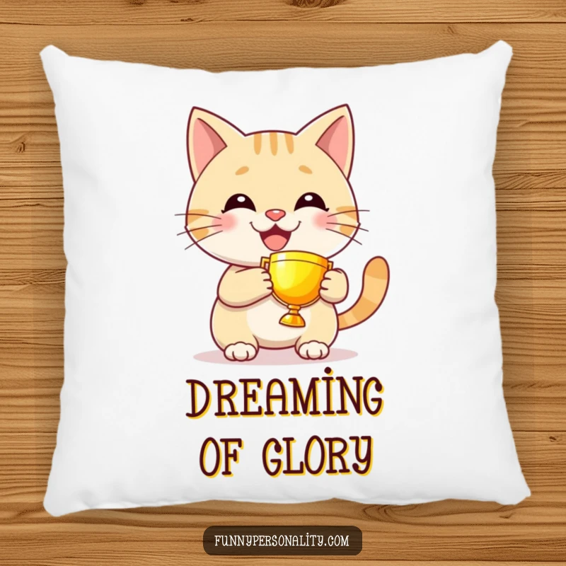 Funny cat pillow with a grinning character proudly holding a tiny, glowing trophy, adding comfort and humorous pride.