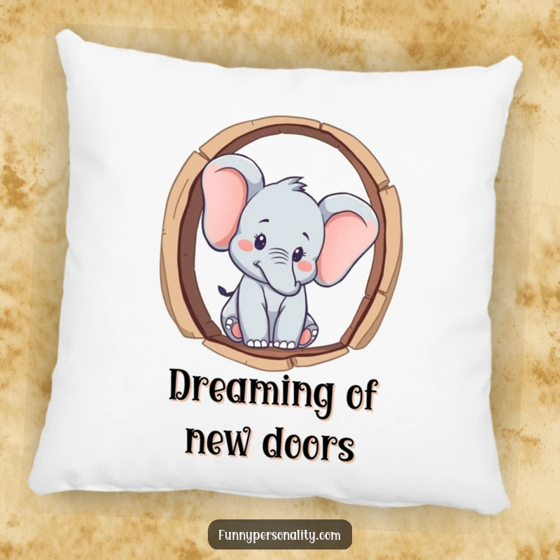 Funny curious elephant character peeking through a keyhole, depicted on a plush pillow, ideal for cozying up with a funny gift.