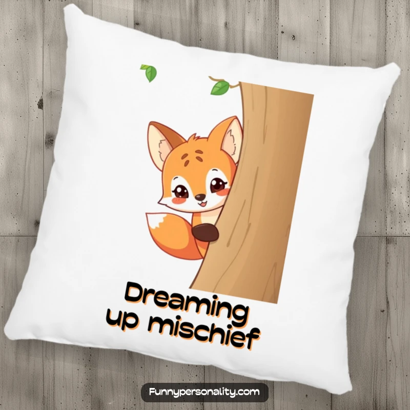Funny decorative pillow featuring a playful cartoon fox peeking around a tree with a mischievous grin, perfect for cozy humor.