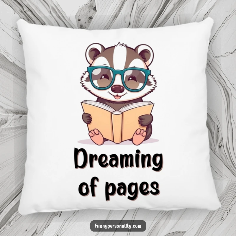 Funny pillow: a badger wearing glasses reading a big book, adding intellectual humor to decor.