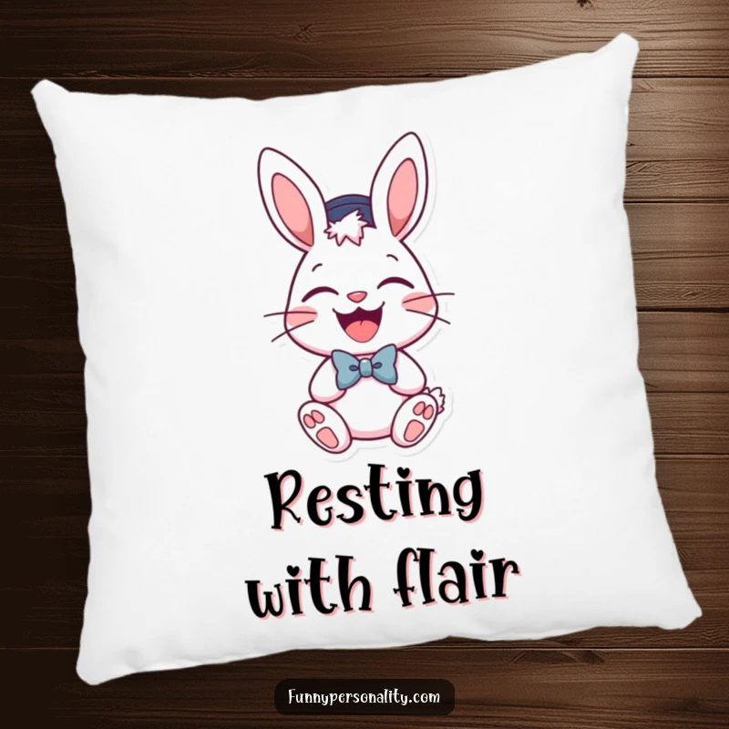Funny pillow featuring a laughing bunny in a hat and bow tie, offering comfort and festive vibes.