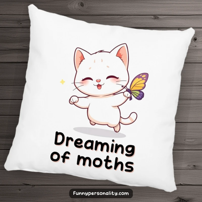 Funny pillow featuring a playful cat character happily chasing a sparkling butterfly, offering comfort and a touch of whimsical feline fun.