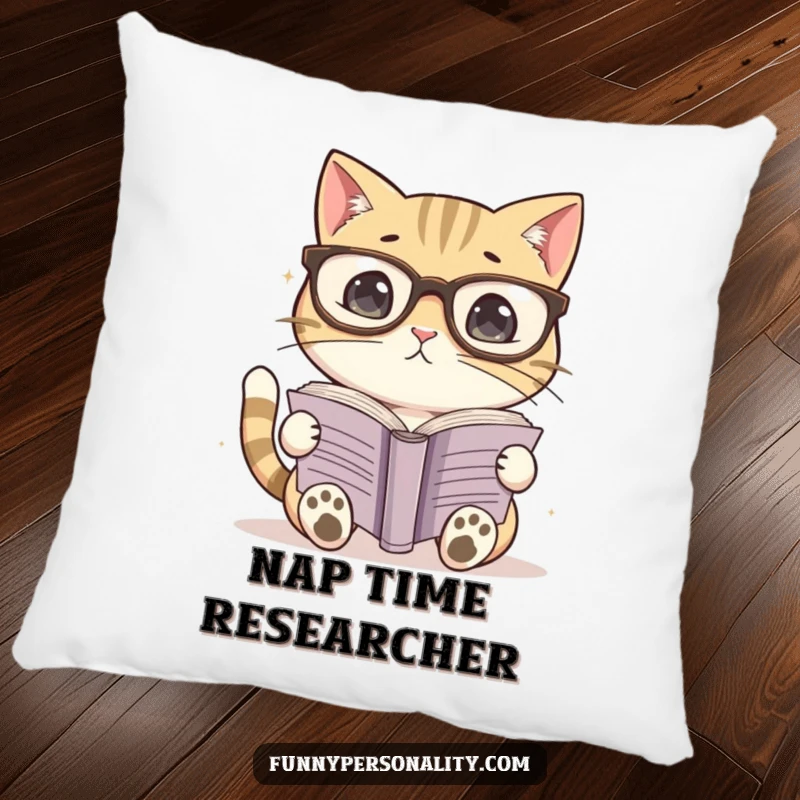 Funny pillow featuring a cat wearing oversized glasses, engrossed in reading a book. Adds comfort and charm.