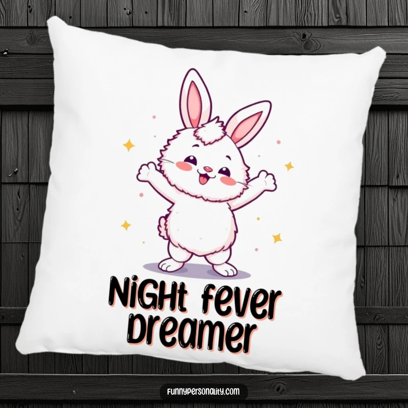 Funny pillow featuring a fluffy rabbit striking a confident disco dance pose, perfect for adding a touch of dance decor and comfort.