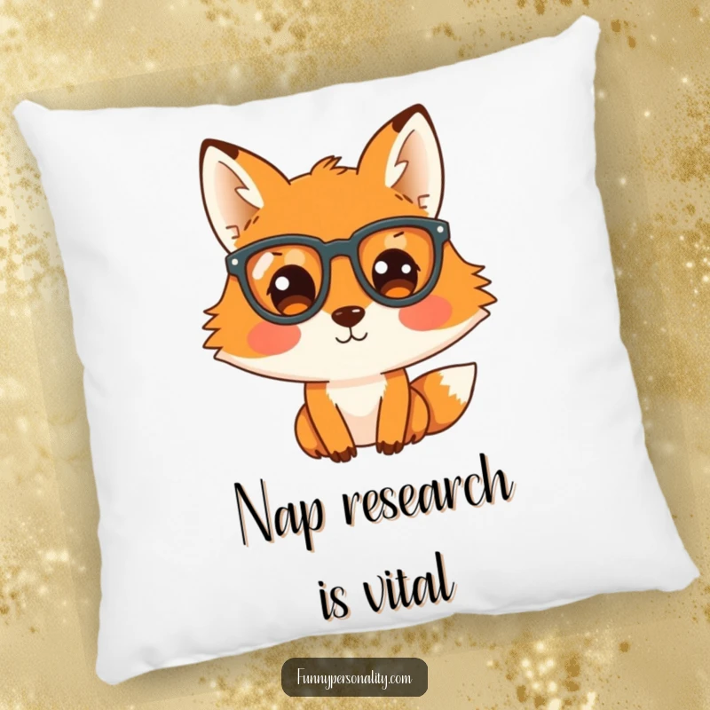 Funny pillow showcases a curious fox character sporting oversized eyeglasses, adding a touch of whimsy and comfort.
