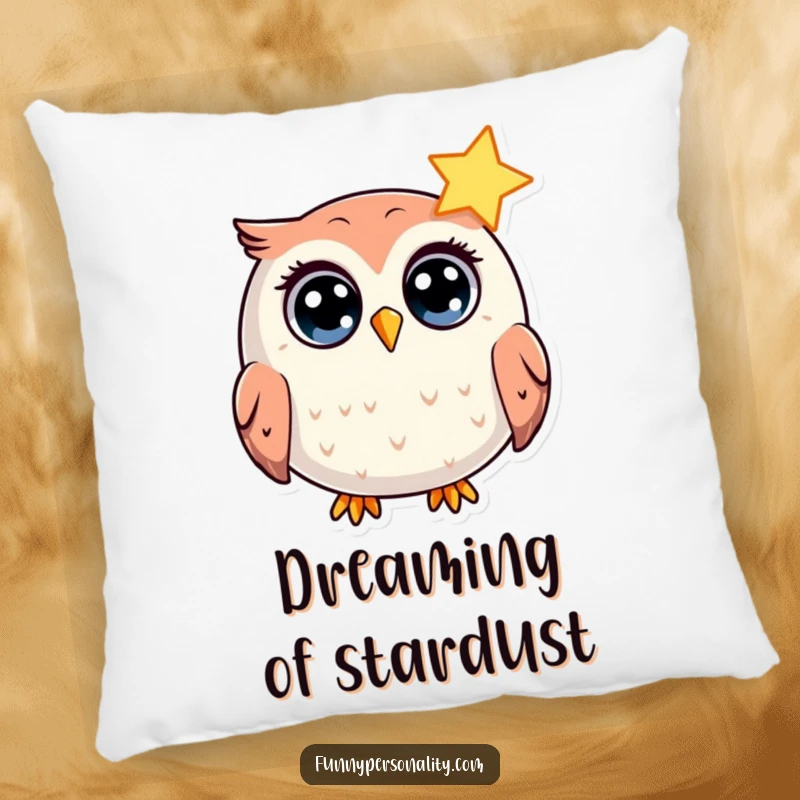 Funny Pillow: A round owl with wide eyes looks surprised by a shining star, offering comfort and humor as a gift.