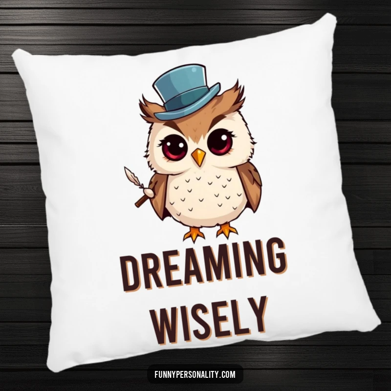 Funny Pillow: A curious owl wearing a top hat and holding a quill, offering soft comfort and a touch of intellectual charm.
