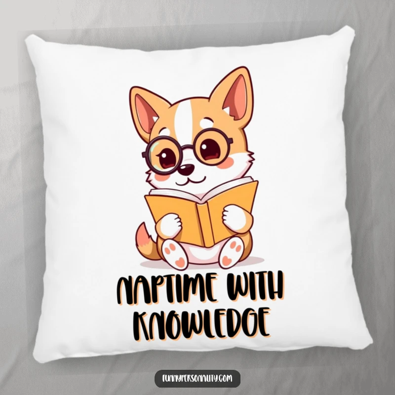 Funny Pillow: A playful dog character wearing a monocle reads a book with keen interest, offering cozy, humorous literary vibes.