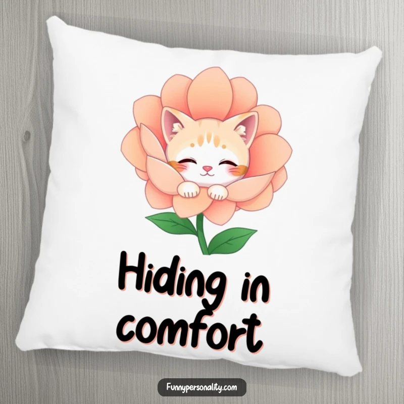 Funny Pillow: A shy cat character peeks from behind a large flower, offering cozy, humorous feline charm and adorable appeal.