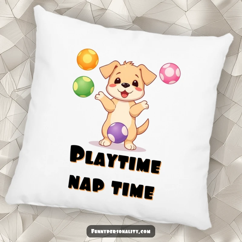 Funny puppy pillow with a playful character juggling colorful bouncing balls, adding comfort and humorous delight.