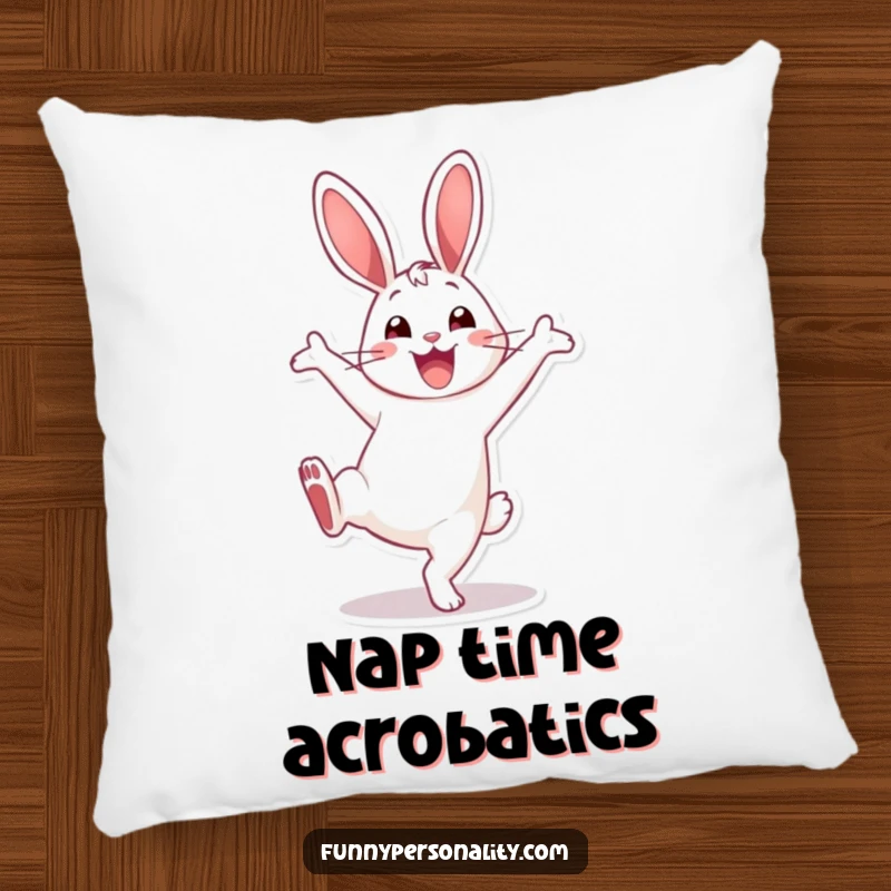 Funny Pillow: A cheerful rabbit performing a cartwheel with a wide smile, perfect for adding a playful and cozy touch.