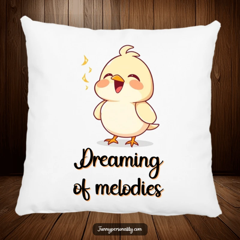 Funny pillow featuring a joyful bird character singing its heart out, chest puffed out, bringing comfort and cheer.