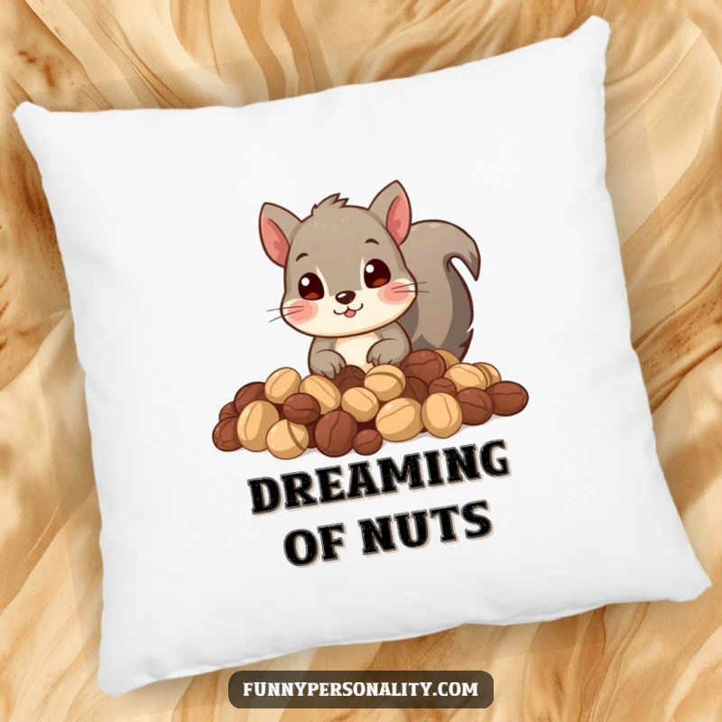 Funny pillow featuring a curious squirrel peeking from a pile of nuts. Adds comfort and quirky charm.
