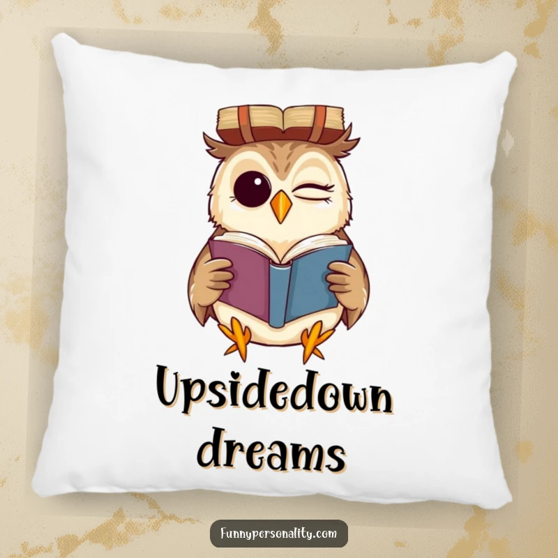 Funny pillow with a winking owl reading a book upside down with a grin, a soft and humorous addition to any cozy space.