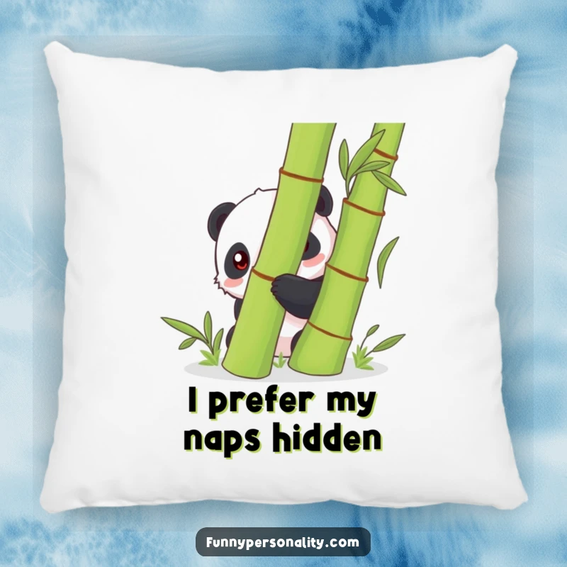 Funny shy panda peeking from behind a lush bamboo stalk on a soft pillow, adding a touch of gentle charm and comfort to any room.