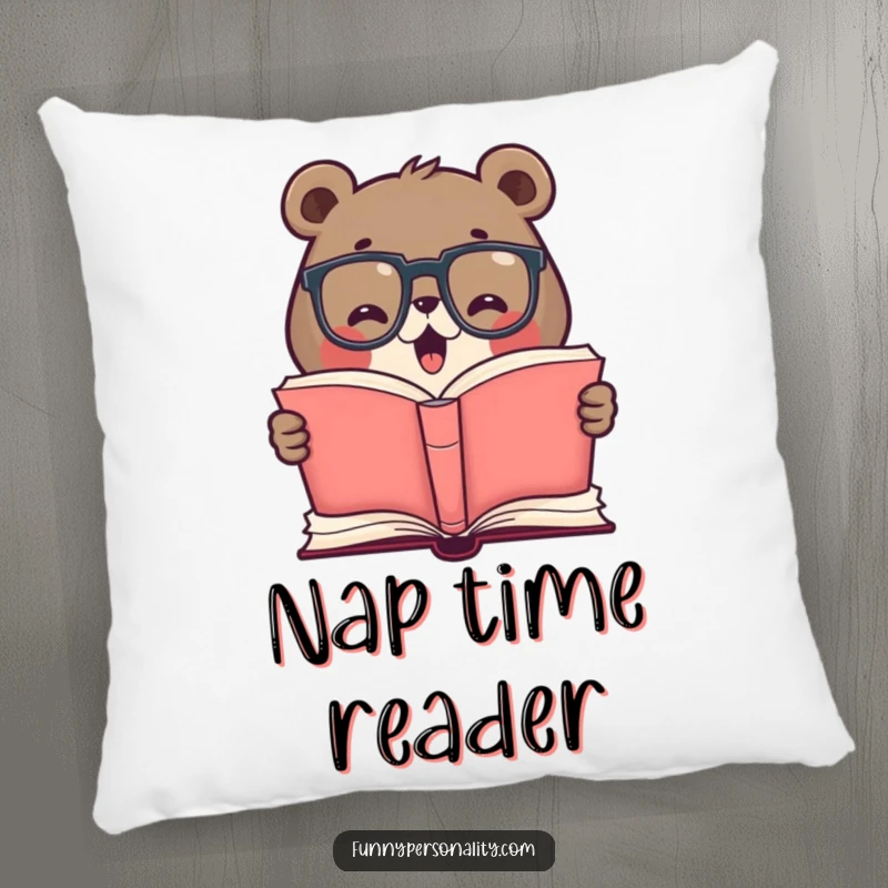 Funny pillow featuring a cute bear with glasses, engrossed in reading a giant open book, perfect for cozy reading nooks and relaxation.