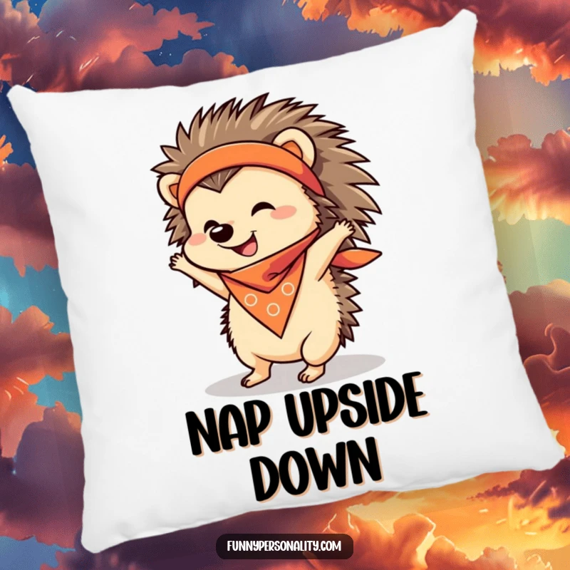 Funny Pillow featuring a cheerful, bandana-wearing hedgehog hilariously attempting a handstand for a fun accent.