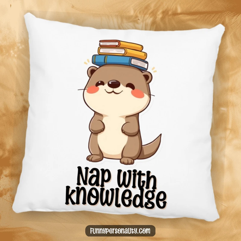 Funny pillow with a cheerful otter character balancing a stack of books on its head, offering comfort and humor.