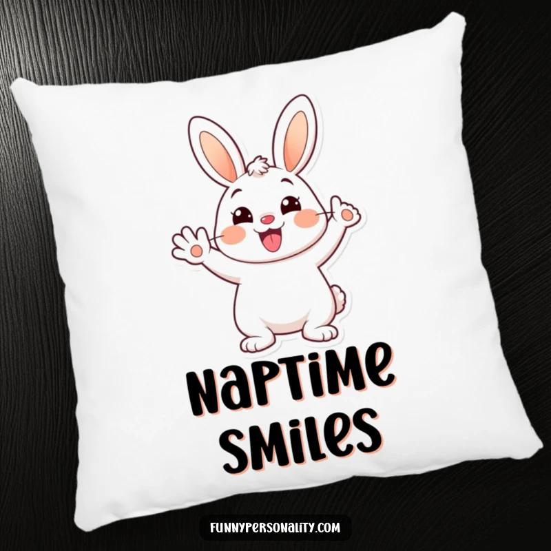 Funny decorative pillow featuring a cheerful cartoon bunny waving happily with a big smile, perfect for cozy humor.