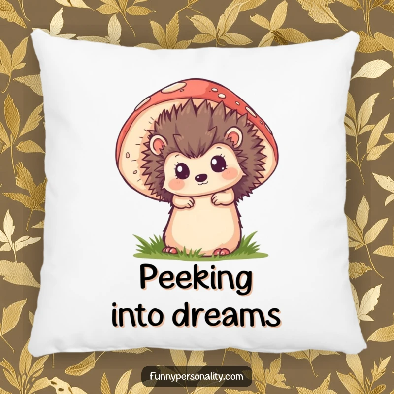 Funny pillow design of a curious hedgehog peeking from behind a large mushroom, offering soft woodland comfort and cute appeal.