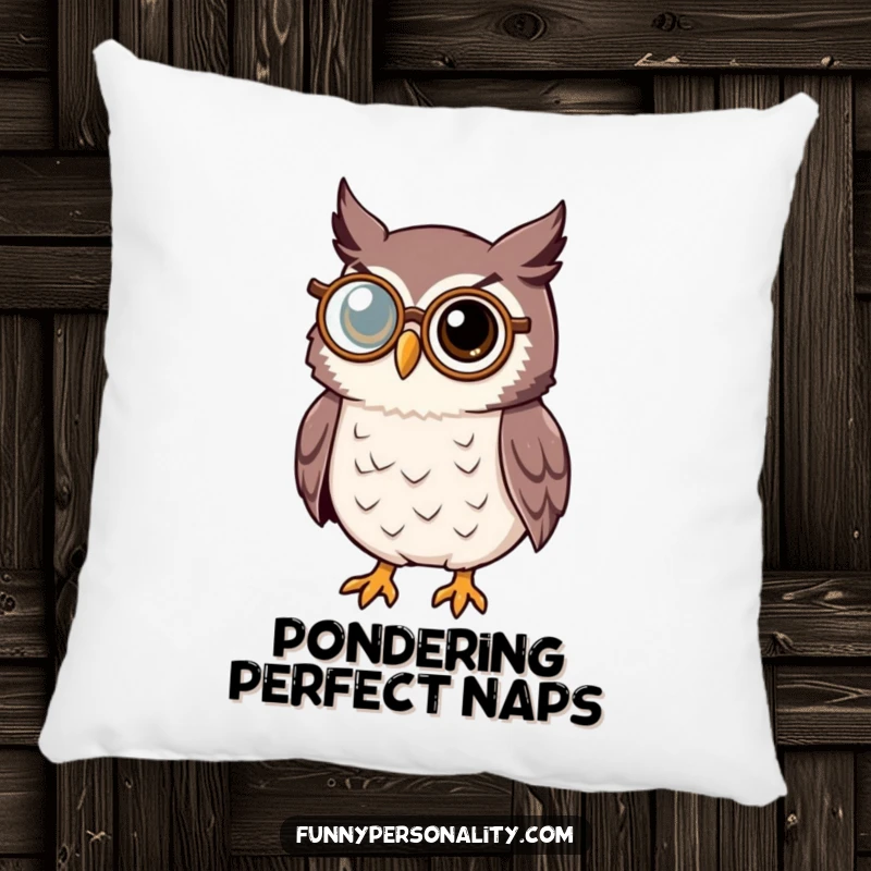 Thoughtful owl pillow featuring a wise owl character wearing a monocle, ideal for adding intellectual charm to decor.