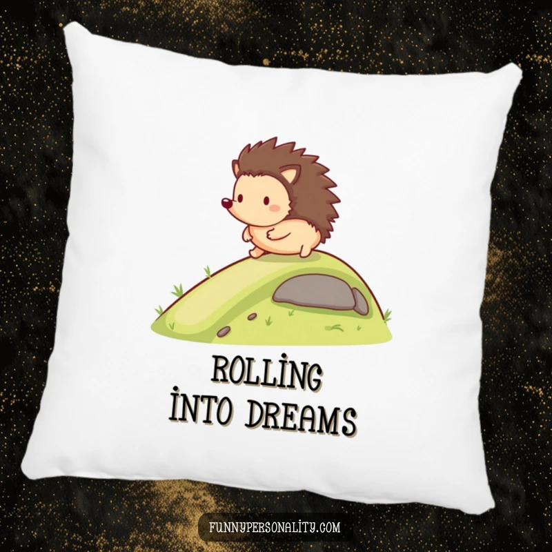 Funny Pillow: A happy hedgehog rolls down a gentle slope, offering comfort and humor as a gift.