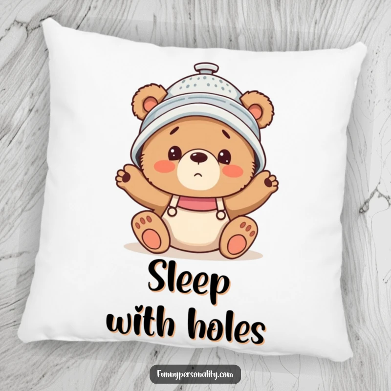 Funny Pillow featuring a bear cub looking confused with a colander hat, adding a whimsical touch to decor.