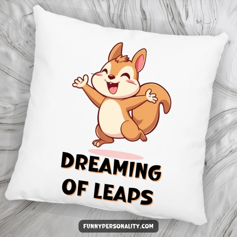 Triumphant squirrel pillow featuring an energetic squirrel character in a leap, perfect for adding motivational charm.