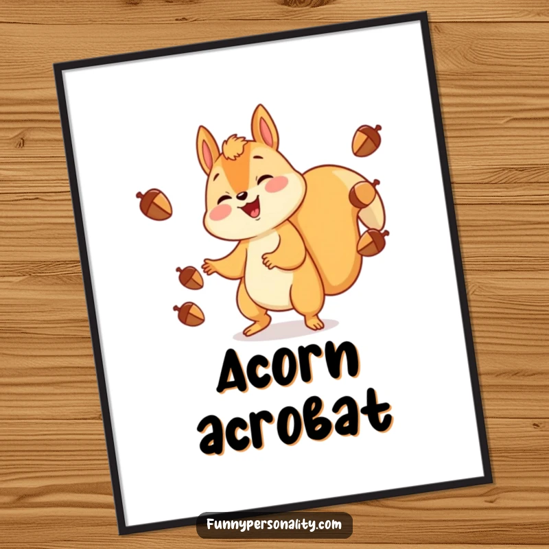 Funny Digital Art Print: A gleeful squirrel cheerfully juggling acorns, a vibrant and playful illustration for instant woodland-themed decor.