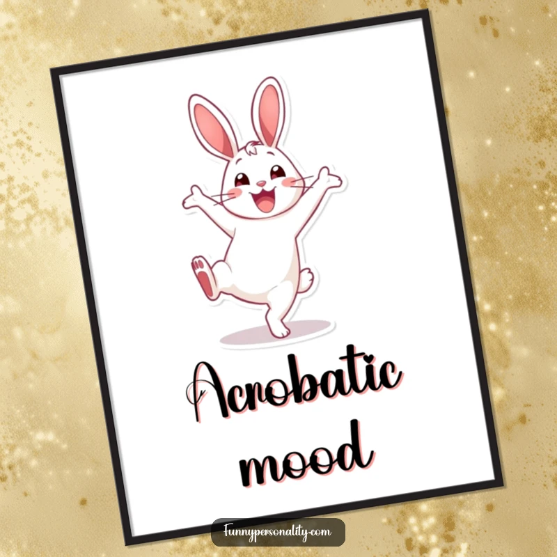 Funny Digital Art Print: An animated rabbit mid-cartwheel with a wide, happy smile, capturing pure energetic fun and joy.