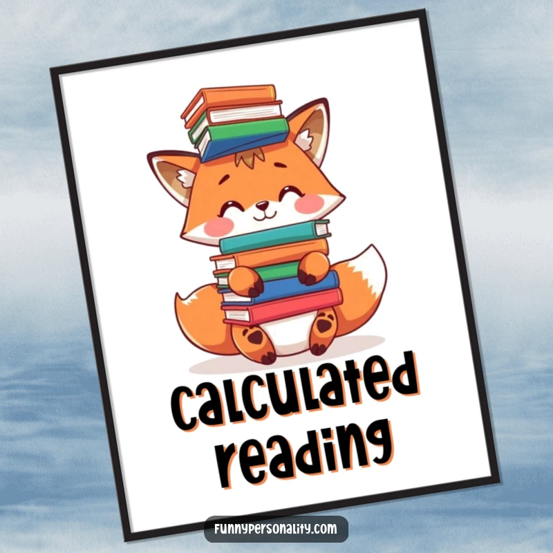 Funny fox digital art print: instant download of a playful fox character balancing a tall stack of books on its head.