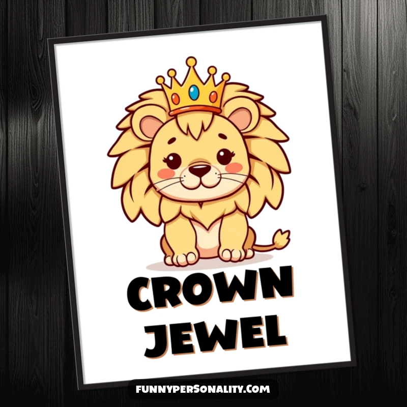 Funny digital art print of a proud lion posing regally with a tiny crown, a majestic and humorous illustration for instant decor.