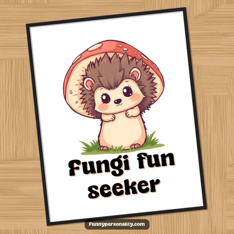 Funny digital art print of a curious hedgehog peeking from behind a large mushroom, capturing enchanting woodland vibes.
