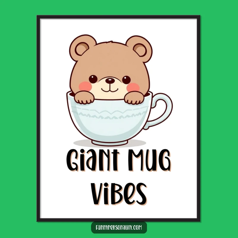 Funny Bear Teacup Digital Art - Whimsical Cartoon Character Print, Gift Idea