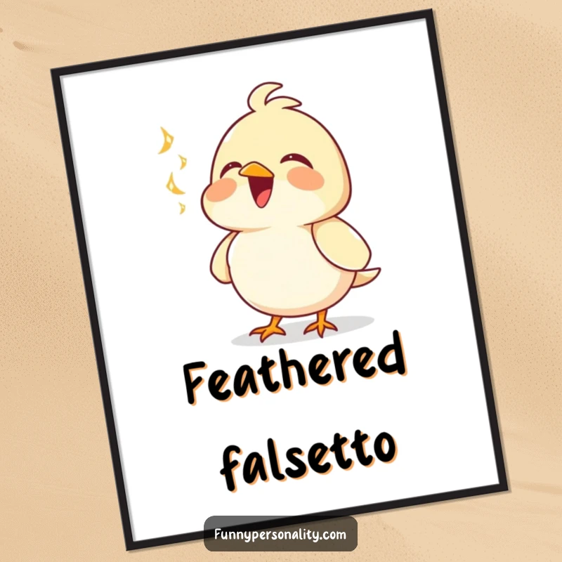 Funny digital art print of a joyful bird character singing vibrantly, chest puffed out, capturing pure happiness.