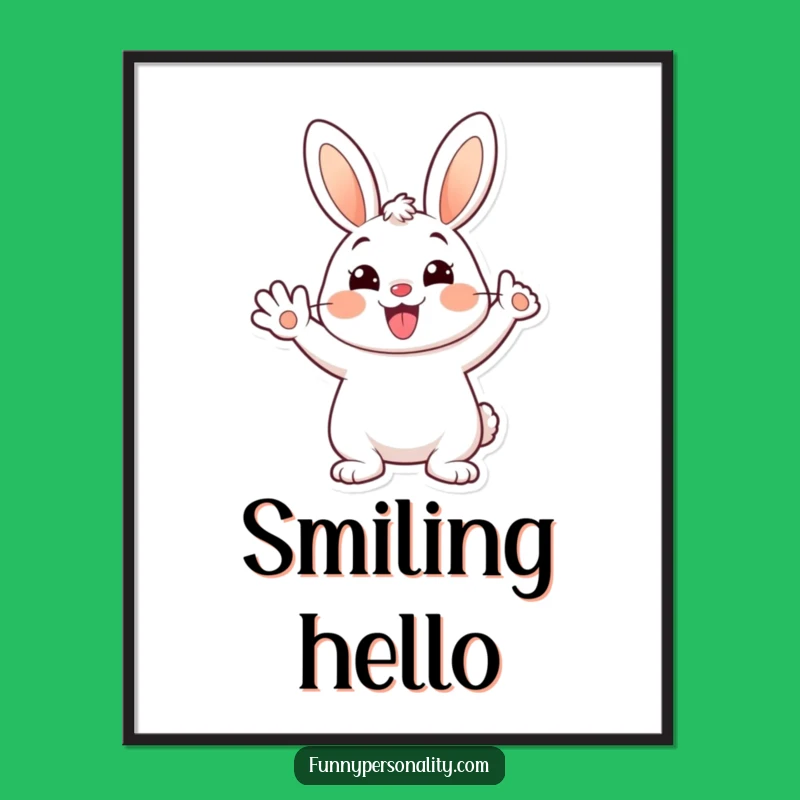 Funny Bunny Digital Art: Cheerful Waving Cartoon Rabbit, Instant Humor Decor