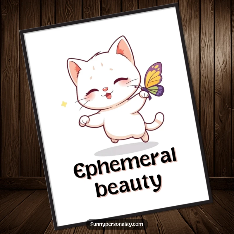 Funny digital art print of a playful cat character joyfully chasing a sparkling butterfly, conveying dynamic movement and whimsical fun.