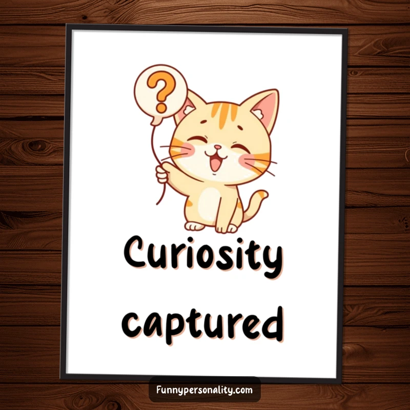 Funny Cat Question Balloon Digital Art Print: A curious cat pointing at a question mark balloon, ideal for adding humorous wall decor. Instant art.