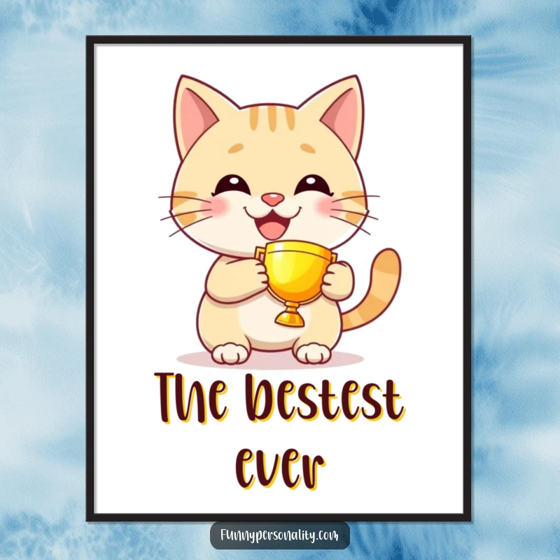 Funny cat digital art print of a grinning character proudly holding a tiny, glowing trophy, adding humorous celebration art.