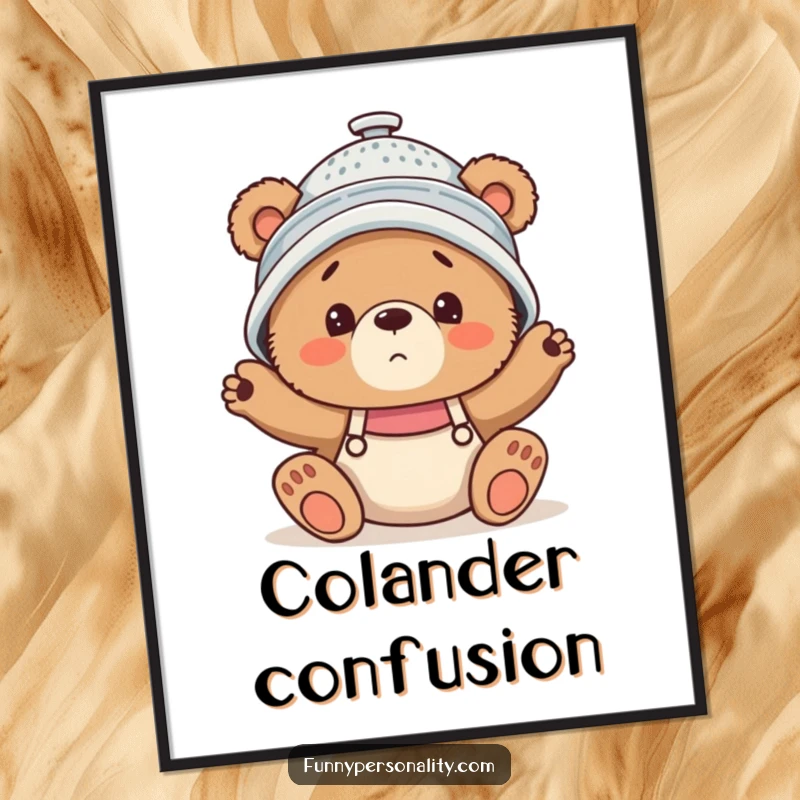 Funny Digital Art Print of a confused bear cub wearing a colander hat, perfect for instant download and framing.