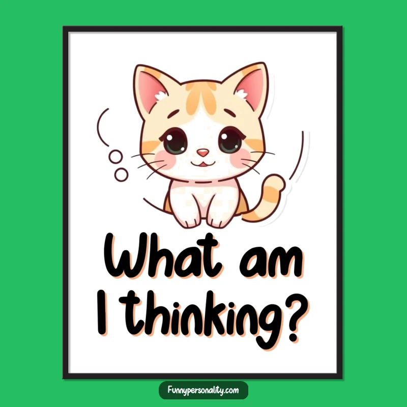 Funny Curious Cat Digital Art: Pondering Kitty in Thought Bubble, Instant Funny Gift for Walls