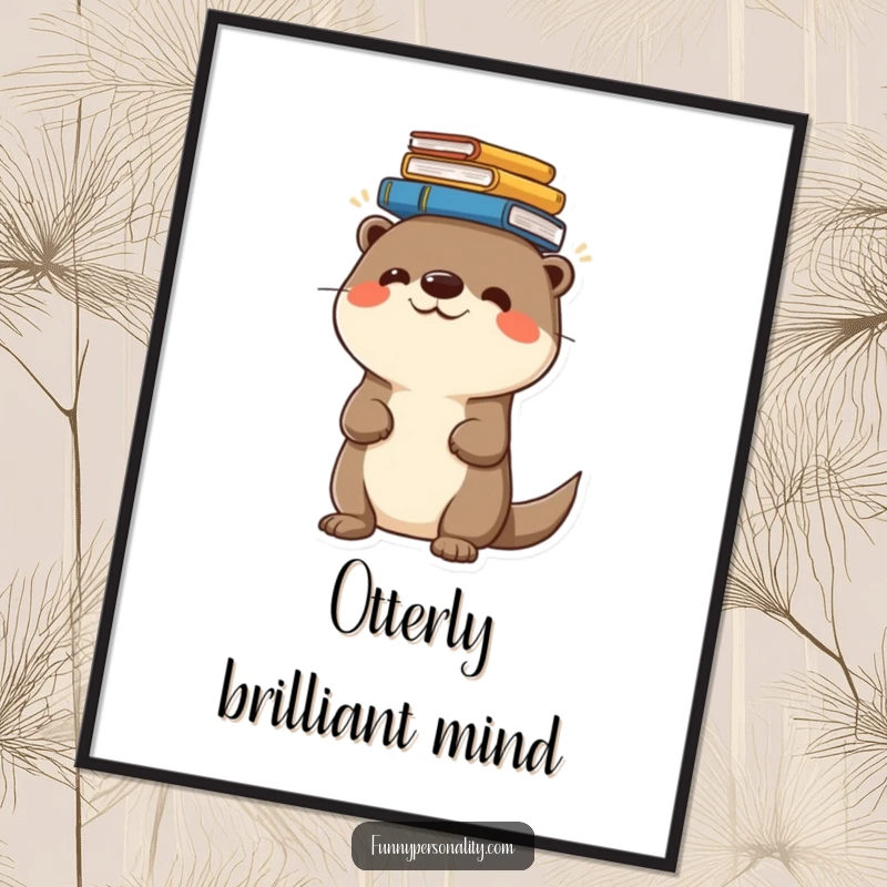 Funny digital art print of a cheerful otter balancing a stack of books on its head, perfect for book-themed decor.