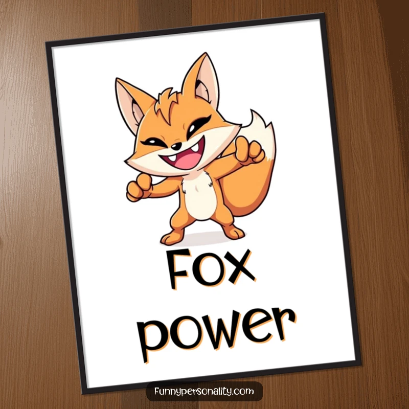 Funny hero fox digital art print of a grinning fox in a dramatic pose, ready to print for heroic wall decor.