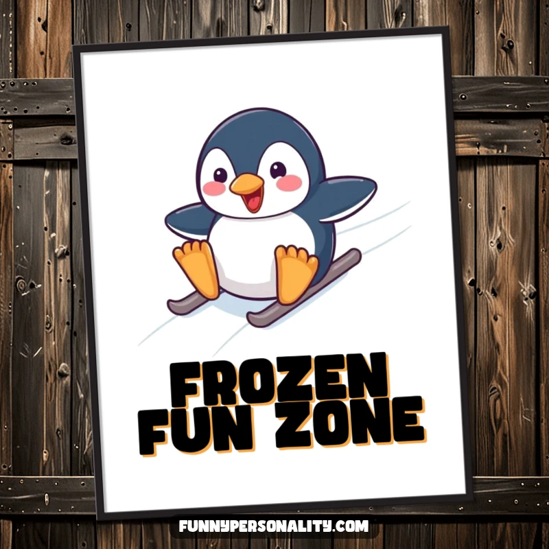 Funny digital art print of a happy penguin character joyfully sliding down a glistening icy slope, conveying pure arctic delight.