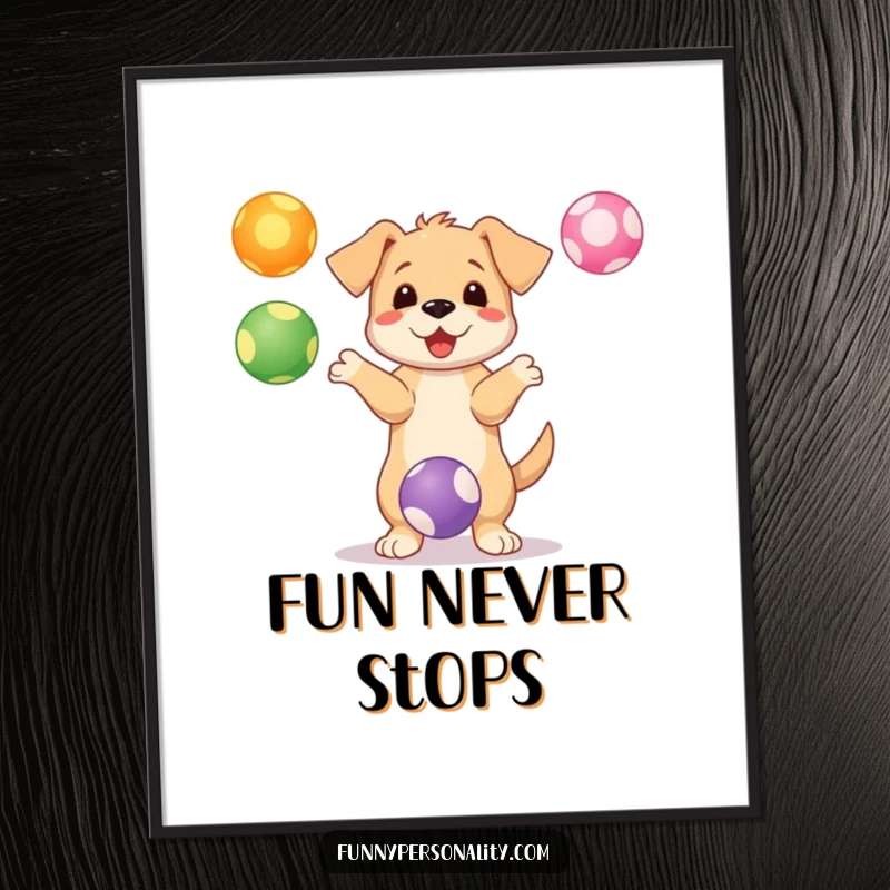 Funny puppy digital art print of a playful character juggling colorful bouncing balls, adding cheerful and humorous decor.
